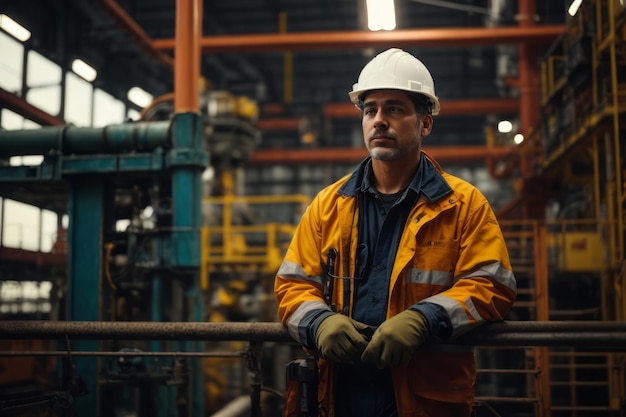 Mężczyzna nadzoruje zespół pracowników w fabryce ropy naftowej.