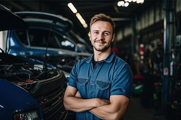 Mężczyzna naprawiający samochód w warsztacie samochodowym Uśmiechnięty młody Kaukaz w swoim warsztacie