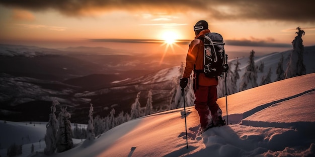 Mężczyzna narciarzy backcountry toruje sobie drogę w dół górskiego zachodu słońca na szczycie