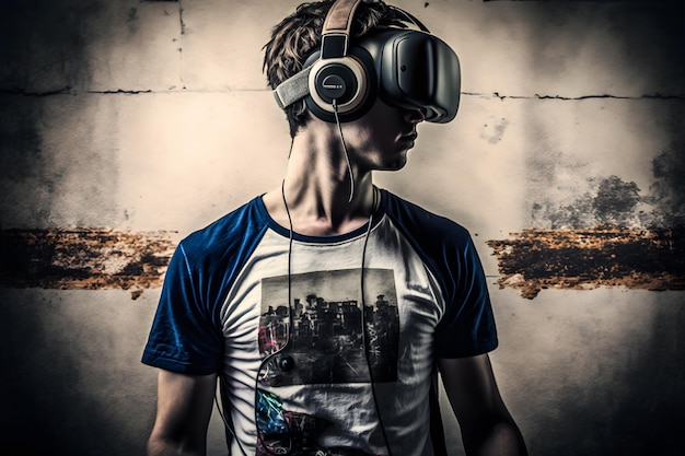 Mężczyzna noszący gogle rzeczywistości wirtualnej Wygenerowana sztuczna inteligencja sieci neuronowej