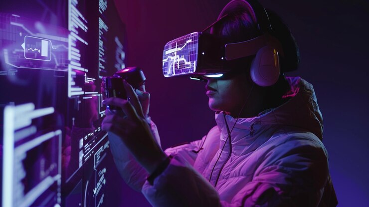 Zdjęcie mężczyzna noszący headset z wirtualną rzeczywistością patrzy na ekran