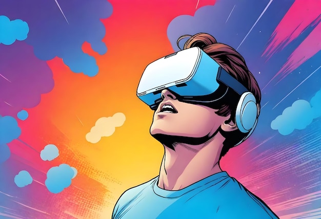 Mężczyzna noszący headset z wirtualną rzeczywistością patrzy na niebo