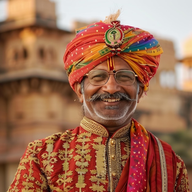 Zdjęcie mężczyzna noszący turban w rajasthan india uśmiecha się z zamkiem w tle