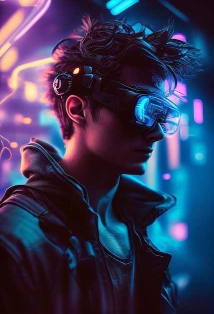 Mężczyzna noszący urządzenie wirtualnej rzeczywistości grający w cyfrowym świecie Stworzony przy użyciu technologii Generative AI