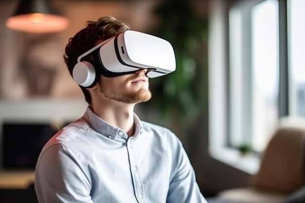 Mężczyzna noszący zestaw słuchawkowy lub gogle wirtualnej rzeczywistości, stojący w domu, rozglądający się i próbujący dotknąć czegoś podekscytowanego efektem uczestnictwa, oglądającym film 3d vr Generative AI