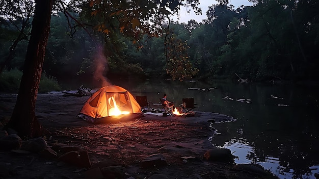 Mężczyzna obozujący sam nad rzeką ustawił swój namiot i gotuje jedzenie nad ogniem.