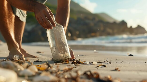 Mężczyzna odbiera wiadomość w butelce na plaży Słońce zachodzi rzucając ciepły blask na scenę