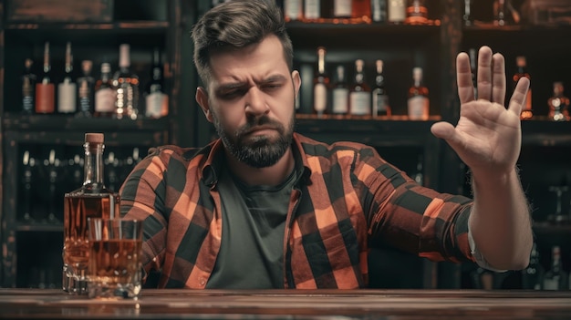 Mężczyzna odmawia odmowy i unika picia alkoholu whiskey zatrzymanie sygnału ręcznego męski alkoholizm leczyć