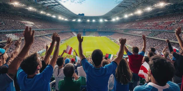 Mężczyzna ogląda mecz piłki nożnej na stadionie z rękami w powietrzu AIG41