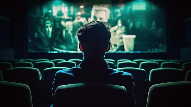 Mężczyzna oglądający film w kinie