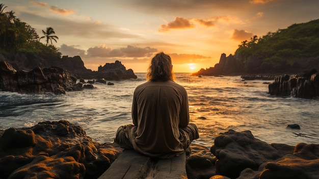 Mężczyzna oglądający piękno oceanu przy zachodzie słońca siedzący na doku