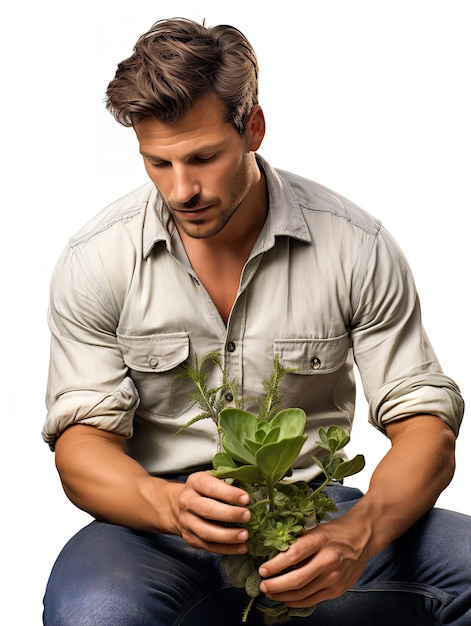 Mężczyzna ogrodnik dbający o rośliny AI generowany