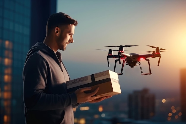 Mężczyzna otrzymał paczkę lub zamówienie na balkonie za pomocą drona. Nowoczesna technologia i informacja w Internecie, zakupy i transport pudełek za pomocą gadżetów