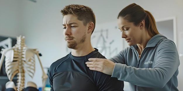 Zdjęcie mężczyzna otrzymujący fizjoterapię z powodu kontuzji pleców wykonujący rozciąganie łopatki pod nadzorem fizjoterapeuta koncepcja fizjoterapii uszkodzenie sportowca rozciąganie pleców