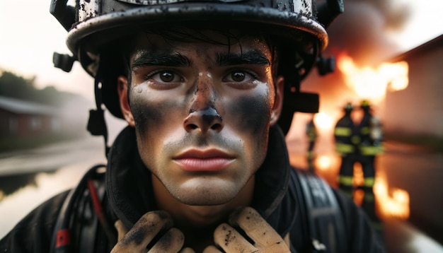 Mężczyzna ozdobiony czarną farbą na twarzy odważnie walczy z płomieniami pochłaniającymi jego twarz