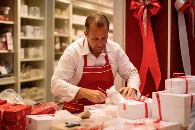 Mężczyzna pakujący zestaw świątecznych prezentów w urządzonym sklepie z prezentami Xmas ducha pomysł