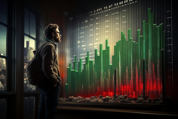 Mężczyzna patrzący na czerwony i zielony wykres świecowy pokazujący rosnącą cenę Generative Ai