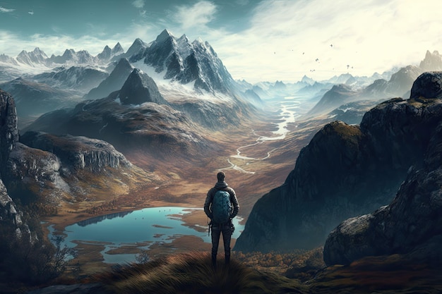 Mężczyzna patrzący na rozległy i malowniczy krajobraz z górami w tle