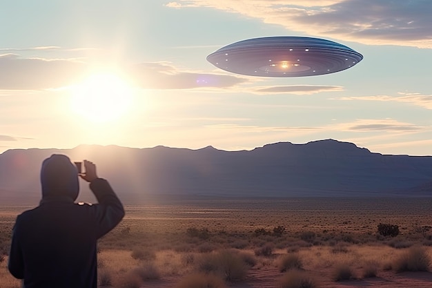 Zdjęcie mężczyzna patrzący na ufo na niebie