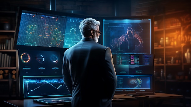 mężczyzna patrzy na analizę wykresu handlu kryptowalutami na ekranie monitora utworzonym za pomocą generatywnej ai