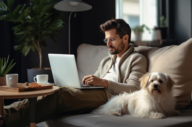 Mężczyzna pilnie pracuje na laptopie, siedząc na kanapie obok psa