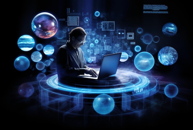 Mężczyzna piszący na laptopie z ikonami biznesowymi