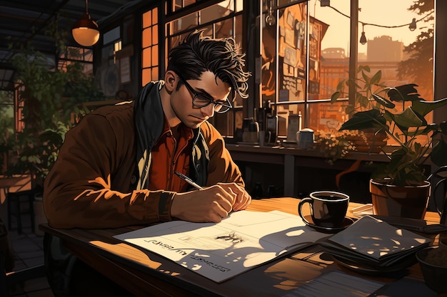 mężczyzna pisze na stole, na stole leży książka z filiżanką kawy