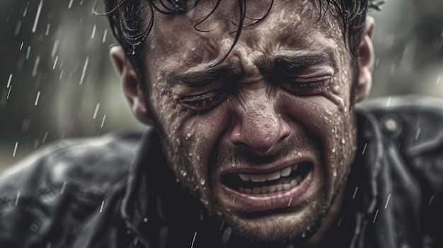 Mężczyzna płaczący w deszczu