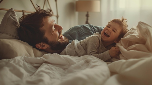 Mężczyzna płacze, a jego syn śmieje się w łóżku.
