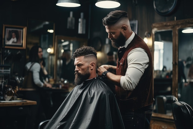 Mężczyzna podcinający włosy w fryzjerze Zdjęcie młodego brodatego mężczyzny siedzącego i podcinającego włosy u fryzjera