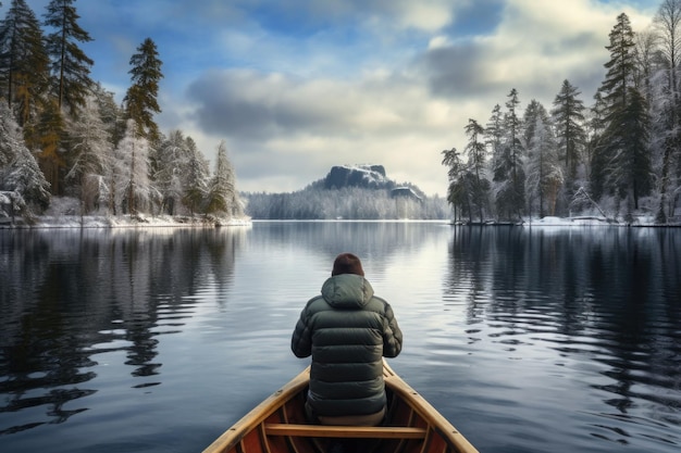 Mężczyzna podróżujący w zimowym płaszczu pływający kajakiem po jeziorze w parku narodowym Ilustracja generatywna AI