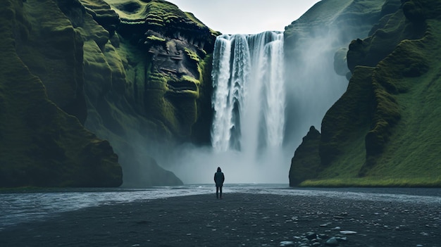 Mężczyzna podziwiający piękno kultowego wodospadu Skogafoss