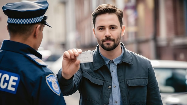 Mężczyzna pokazuje prawo jazdy policjantowi biznesmenowi patrzącemu na kamerę