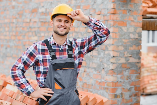 Zdjęcie mężczyzna pracownik budowlany w ubraniach roboczych i kasku budowlanym portret pozytywnego budowniczego mężczyzny w kasku pracującym na budowie