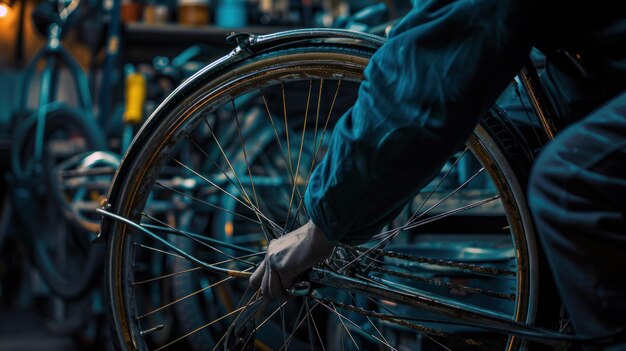 Zdjęcie mężczyzna pracujący na kołach rowerowych mężczyźni naprawiający rower w warsztacie w rękawiczkach
