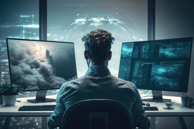 Mężczyzna pracujący na komputerze w nowoczesnym biurze technologicznym AI