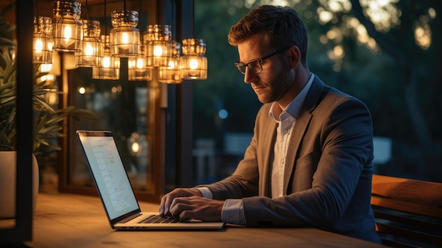 Mężczyzna pracujący na laptopie HD 8K tapeta Stock Photographic Image