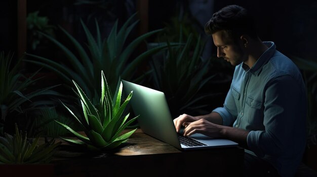 Mężczyzna pracujący na laptopie w ciemności