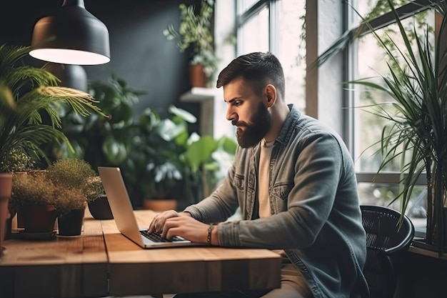 Mężczyzna pracujący na laptopie w kawiarni.