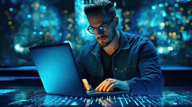 Mężczyzna pracujący na laptopie z niebieskim tłem