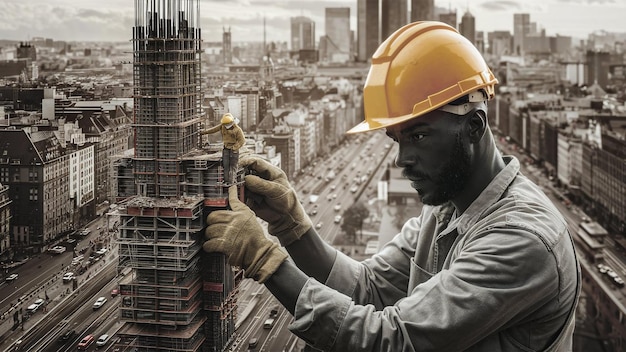 Mężczyzna pracujący nad budynkiem z robotnikiem budowlanym pracującym nad budynkiem