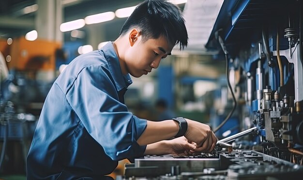 Mężczyzna pracujący nad maszyną w fabryce