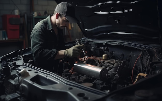 Mężczyzna pracujący przy silniku samochodowym z otwartą maską i napisem auto z boku.