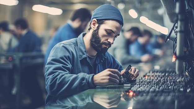 Mężczyzna pracujący w fabryce elektroniki montuje smartfony za pomocą śrubokręta W fabryce wysokiej technologii z większą liczbą pracowników w tle