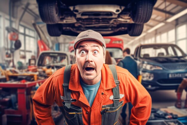 Zdjęcie mężczyzna pracujący w garażu nad samochodem okazuje zdziwienie, gdy odkrywa nieprzewidziany problem podczas naprawy
