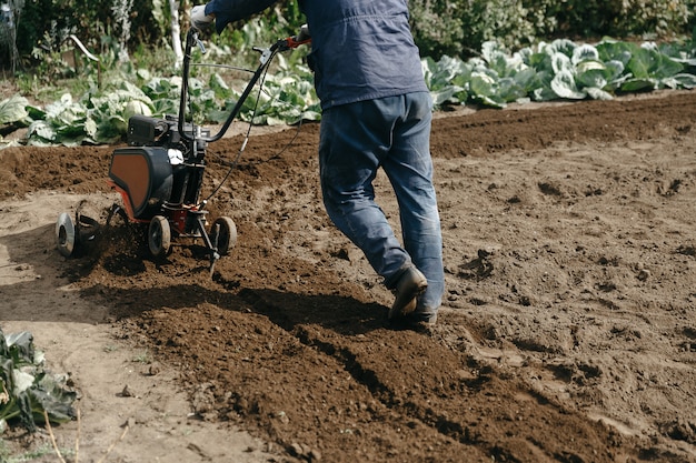 Mężczyzna pracujący w jesiennym ogrodzie z ogrodową maszyną mechaniczną. Kultywator ogrodowy do pracy z ziemią