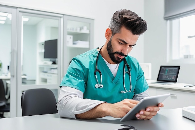 Mężczyzna pracujący w służbie zdrowia używający cyfrowego tabletu, opierając się o biurko w klinice