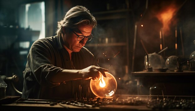 Zdjęcie mężczyzna pracujący w warsztacie metalowym topi metal płomieniem generowanym przez sztuczną inteligencję