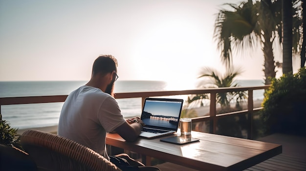 Mężczyzna pracujący z laptopem na tarasie z widokiem na morze o zachodzie słońca Generative ai