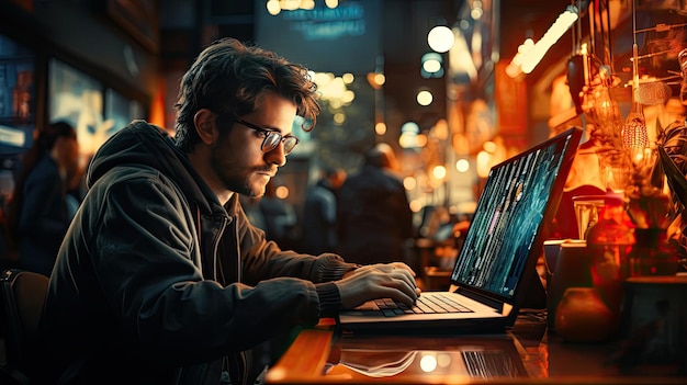 Mężczyzna pracuje lub bawi się przed monitorem, siedząc przy komputerze.